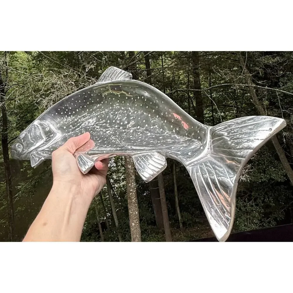 Vintage Cast Aluminum Silver Rainbow Trout Fish Shaped Serving Bowl Platter 21